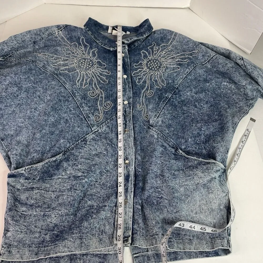 Vintage Tina Woo For Mass Denim Button Up Jacket, Medium, Blue, Flowers, - Picture 5 of 6
